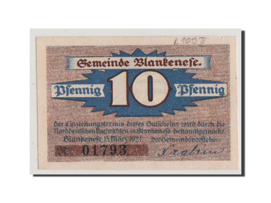 Banconote, Germania, Blankenese Gemeindesparkasse, 10 Pfennig, 1921, SPL-
