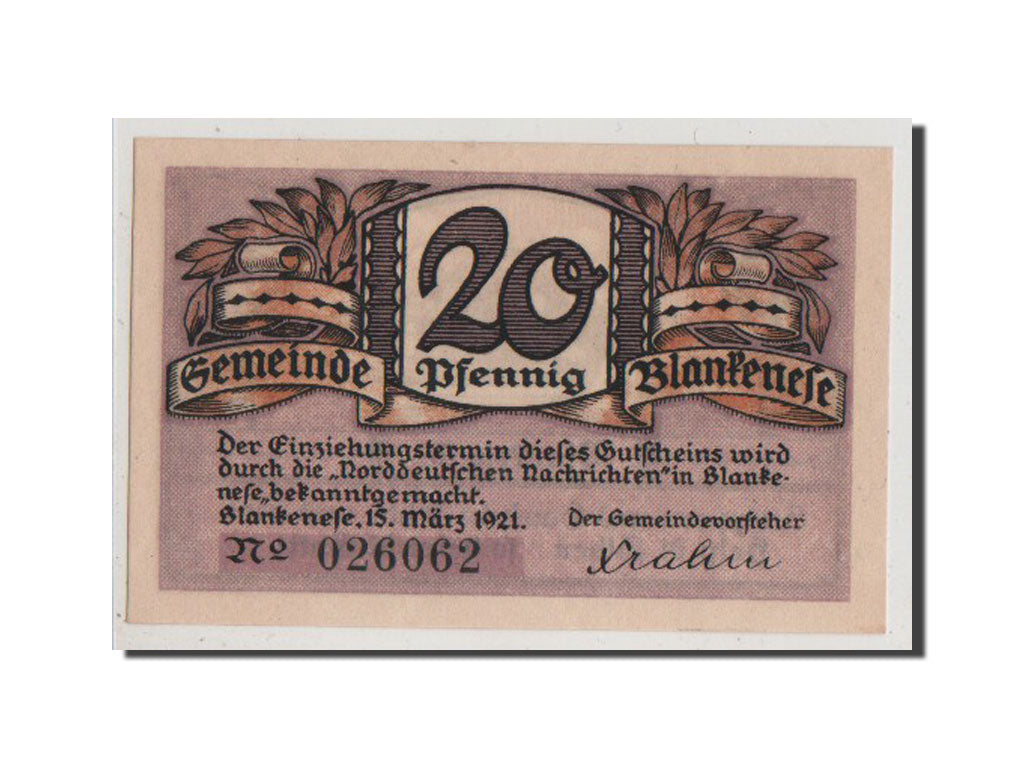 Geldschein, Deutschland, Blankenese Gemeindesparkasse, 20 Pfennig, 1921, VZ