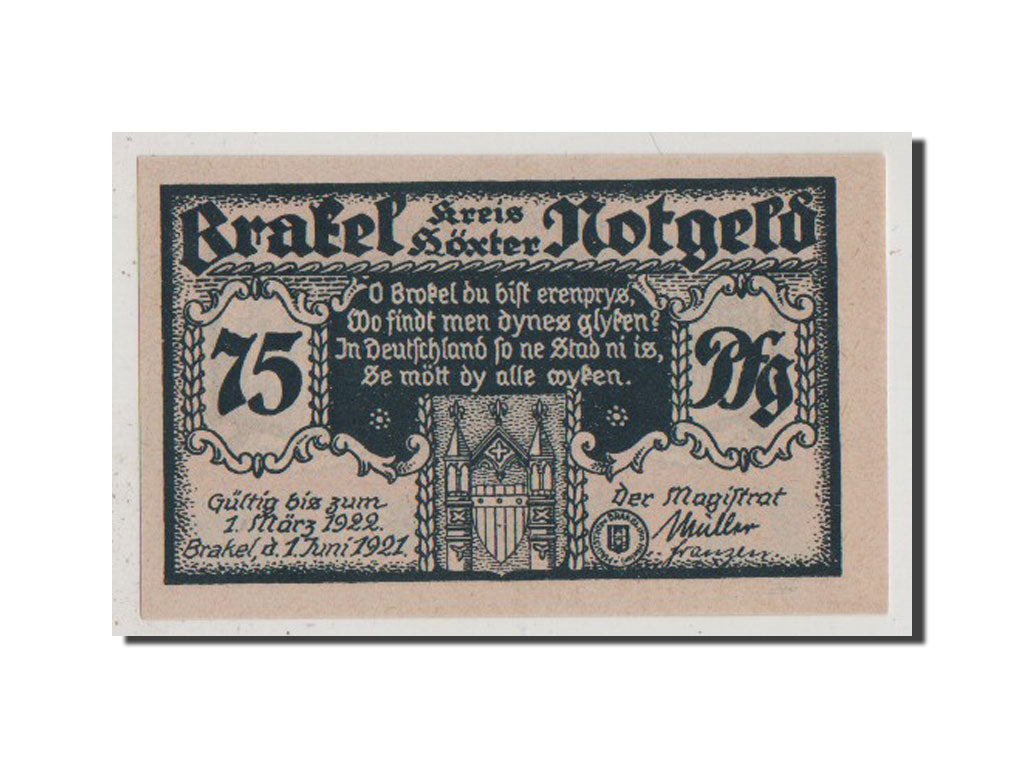Billet, Allemagne, Brakel Stadt, 75 Pfennig, 1921, SPL+, Mehl:150.1