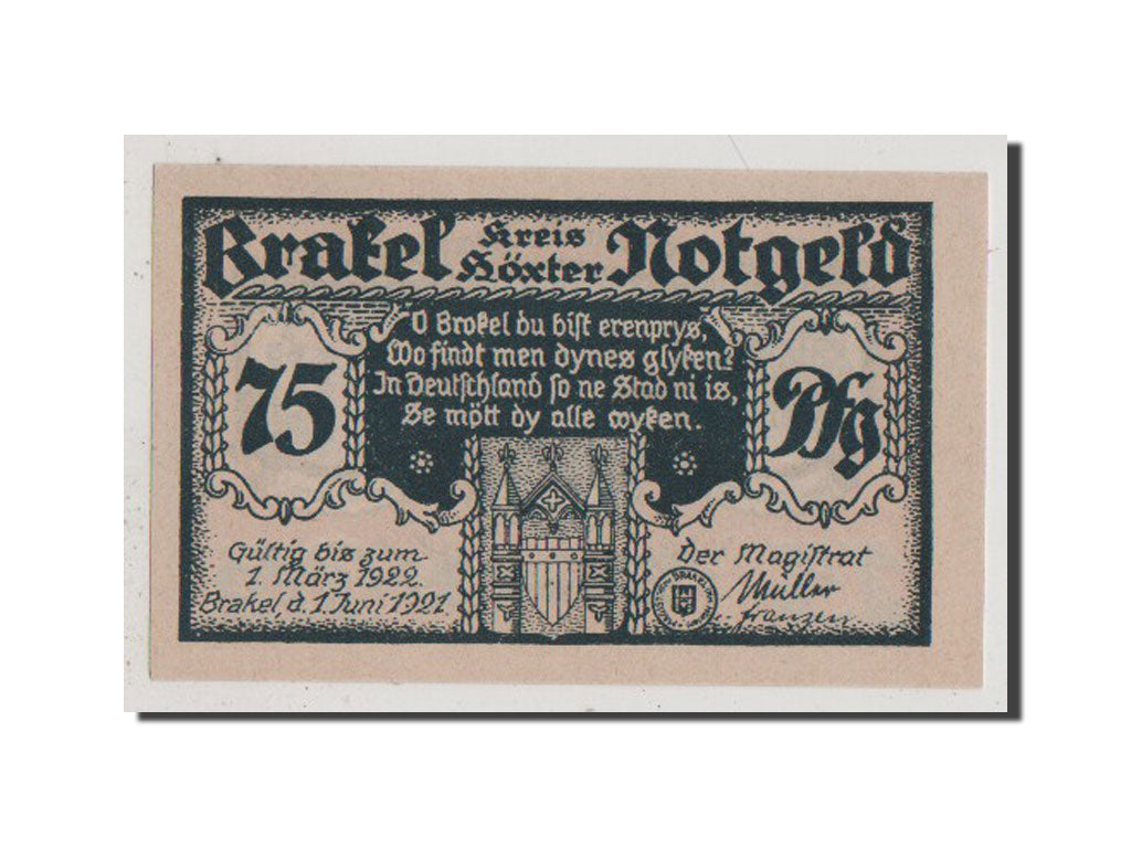 Billet, Allemagne, Brakel Stadt, 75 Pfennig, 1921, SPL+, Mehl:150.1