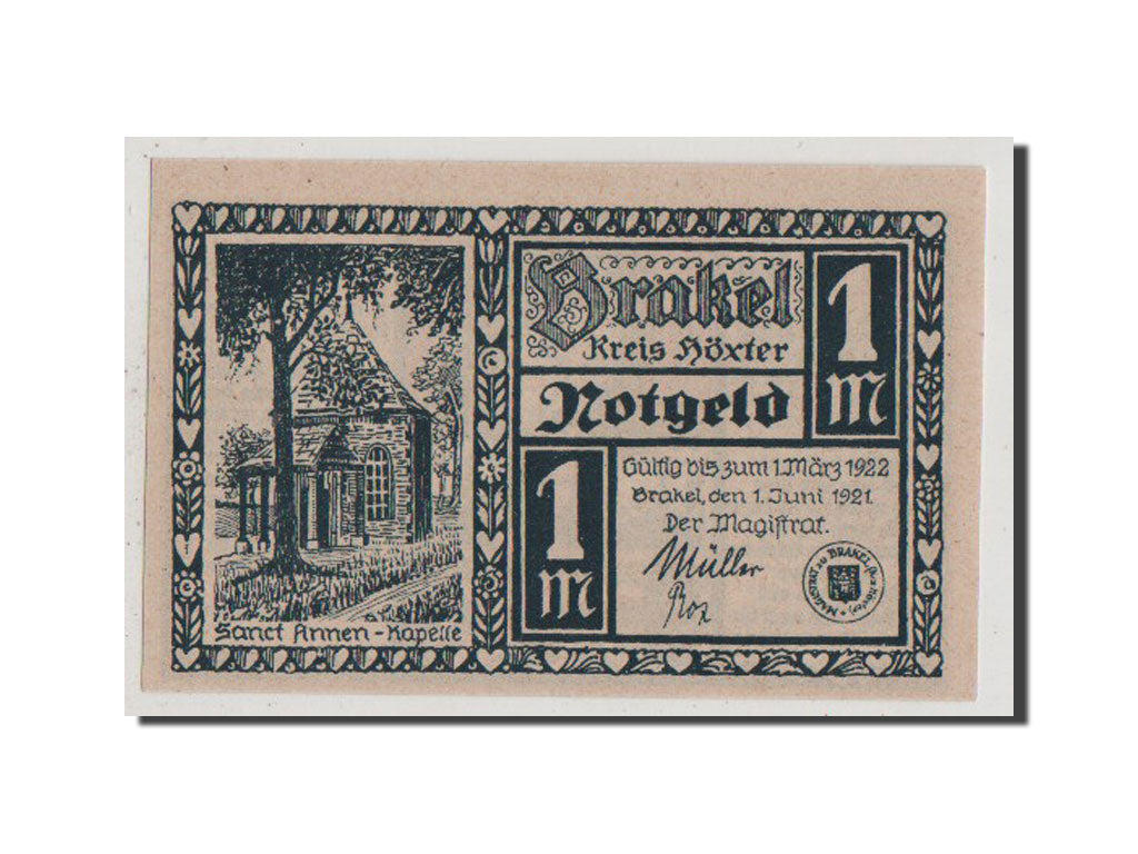 Banconote, Germania, Brakel Stadt, 1 Mark, 1921, SPL+, Mehl:150.1