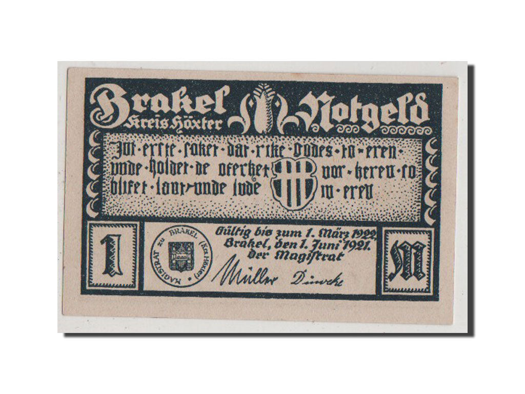 Banconote, Germania, Brakel Stadt, 1 Mark, 1921, SPL+, Mehl:150.1