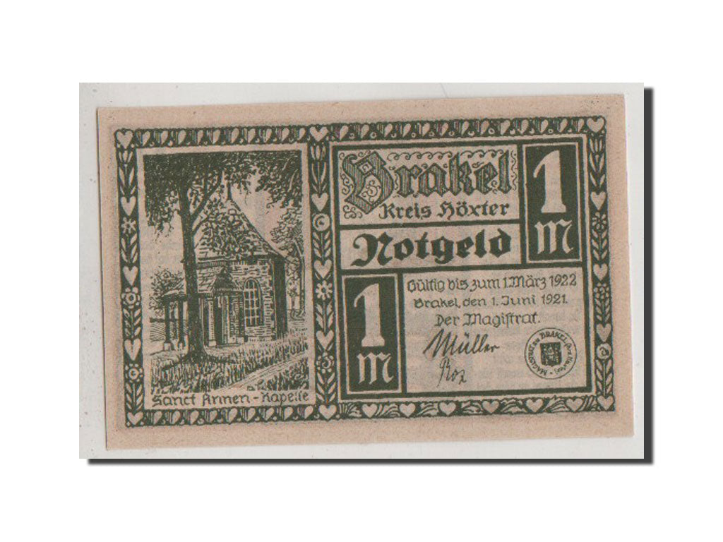 Banconote, Germania, Brakel Stadt, 1 Mark, 1921, SPL+, Mehl:150.2