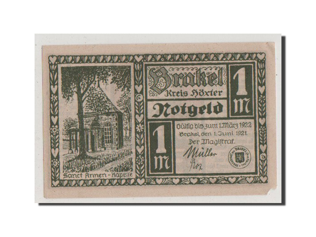 Banconote, Germania, Brakel Stadt, 1 Mark, 1921, SPL+, Mehl:150.2