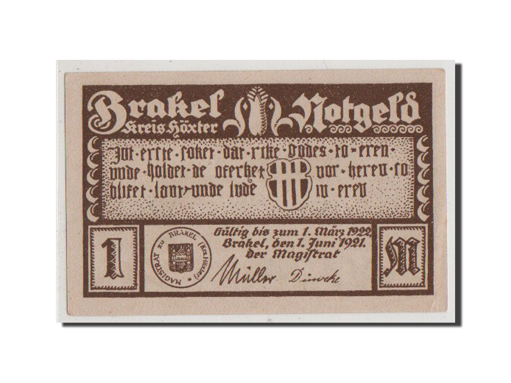 Banconote, Germania, Brakel Stadt, 1 Mark, 1921, SPL+, Mehl:150.3