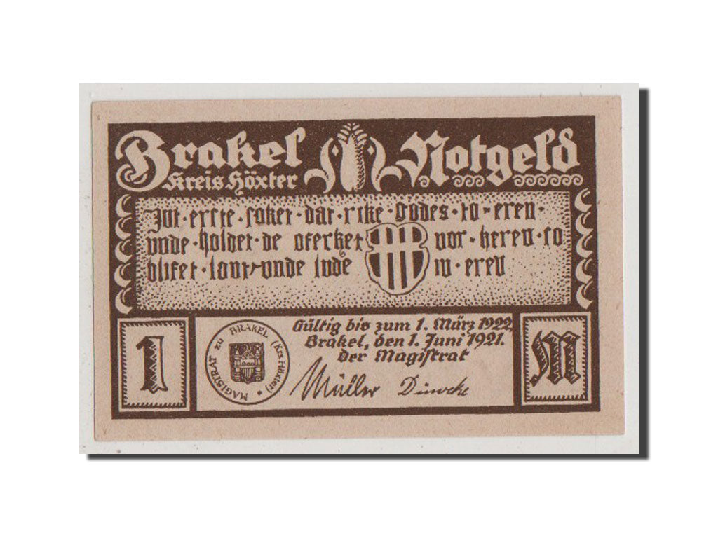 Billet, Allemagne, Brakel Stadt, 1 Mark, 1921, SPL+, Mehl:150.3