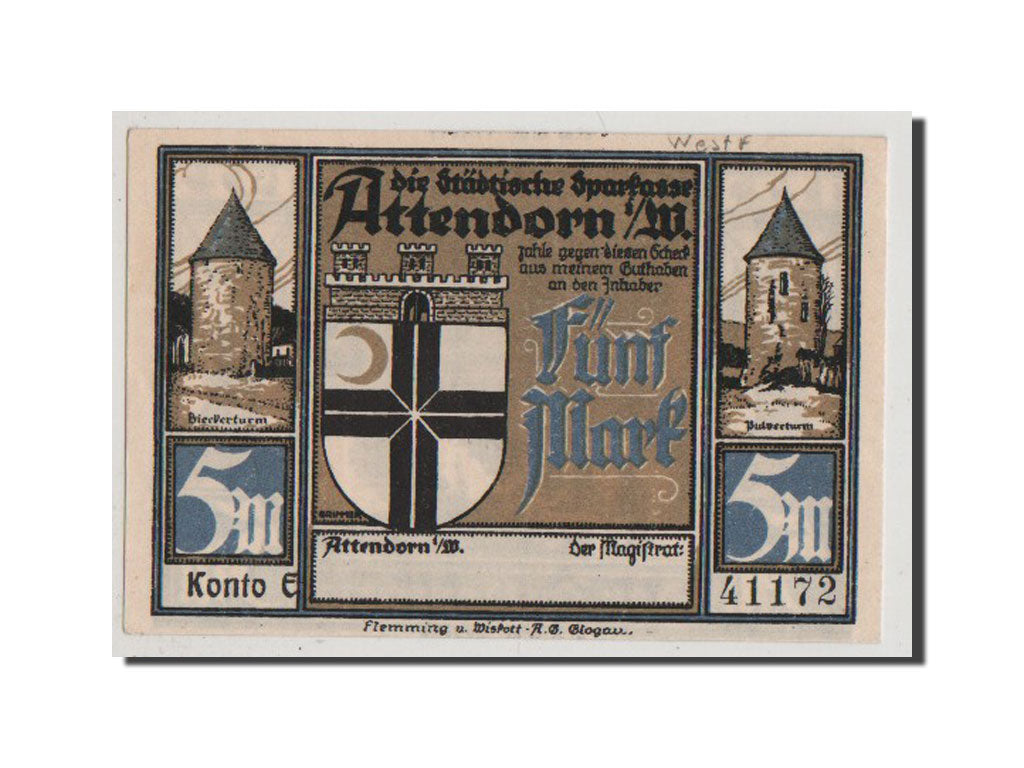 Billet, Allemagne, Attendorn, 5 Mark, SPL+, Mehl:51.1c