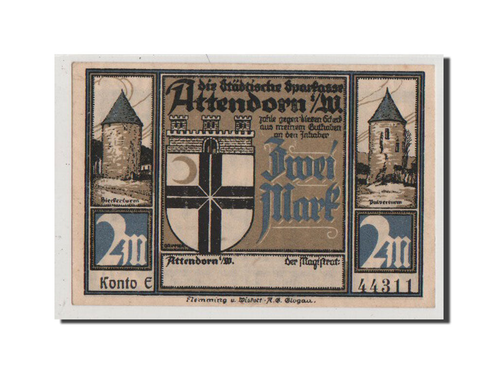 Banconote, Germania, Attendorn, 2 Mark, SPL+, Mehl:51.1c
