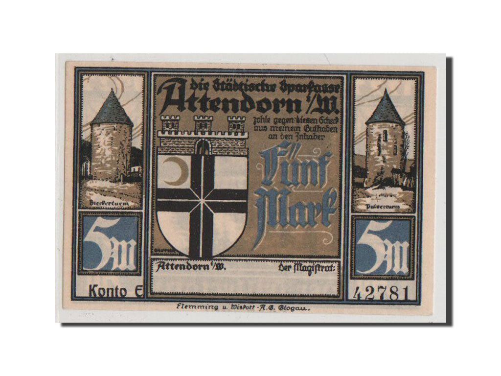 Geldschein, Deutschland, Attendorn, 5 Mark, 1922, UNZ-, Mehl:51.1c