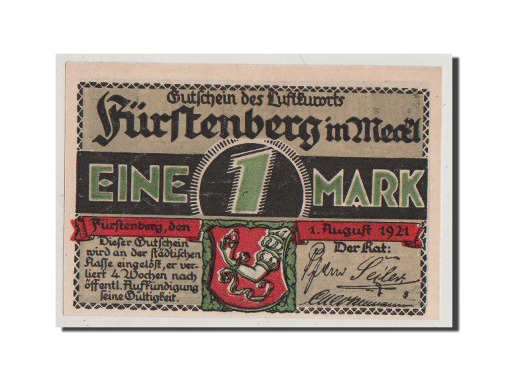 Billet, Allemagne, Furstenberg in Meckl, 1 Mark, 1921, SPL+, Mehl:402.9