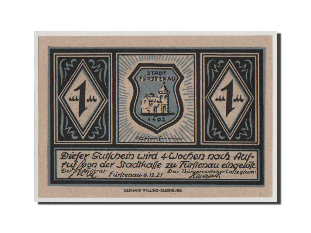 Billet, Allemagne, Furstenau, 1 Mark, 1921, SPL+, Mehl:400.1
