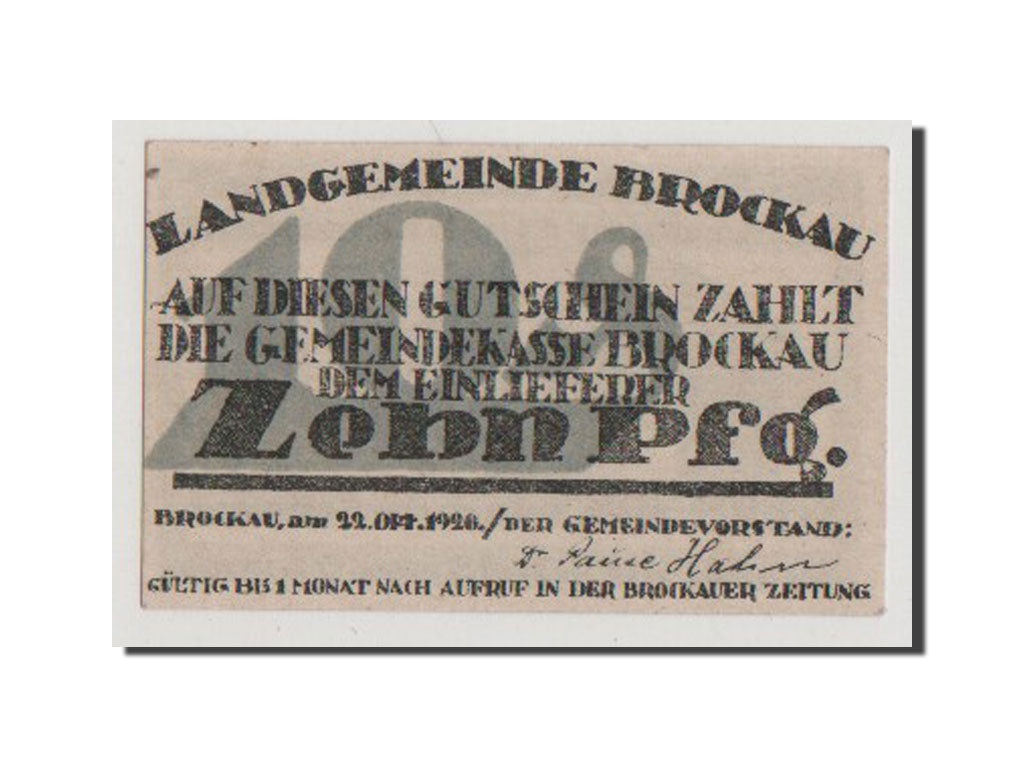Banconote, Germania, Brockau, 10 Pfennig, 1920, SPL+, Mehl:189.1