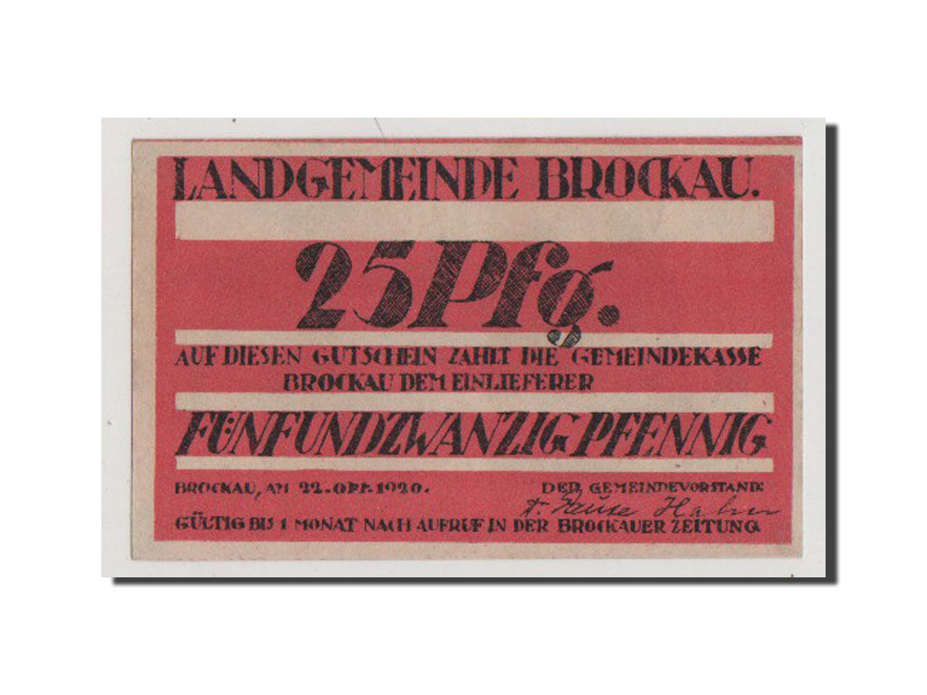Banconote, Germania, Brockau, 25 Pfennig, 1920, SPL+, Mehl:189.1