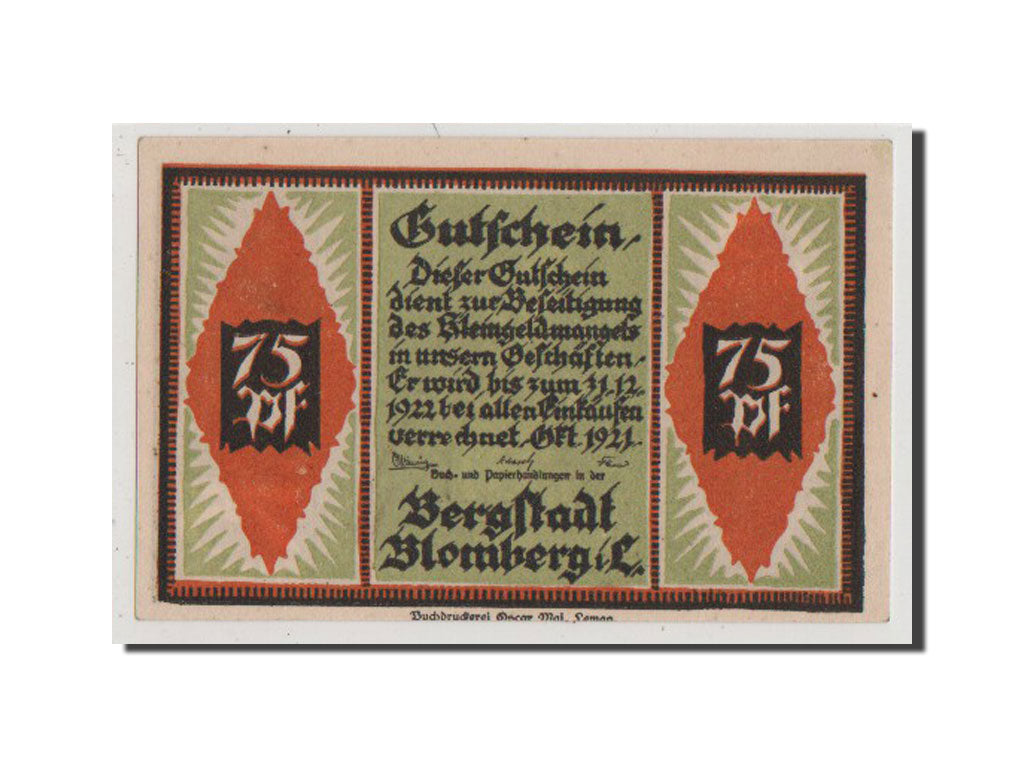 Banconote, Germania, Blomberg, 75 Pfennig, 1921, 1921-10-01, SPL+, Mehl:120.1a