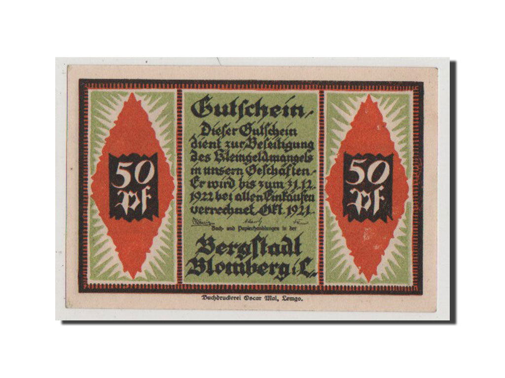 Banknot, Niemcy, Blomberg, 50 Pfennig, 1921, 1921-10-01, UNC(64), Mehl:120.1a
