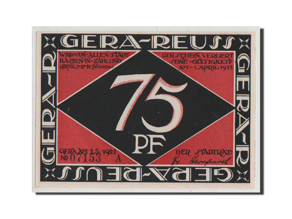Banconote, Germania, Gera Stadt, 75 Pfennig, 1921, FDS, Mehl:420.3