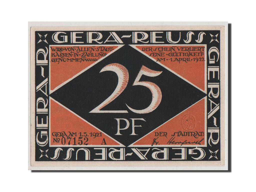 Banconote, Germania, Gera Stadt, 25 Pfennig, 1921, FDS, Mehl:420.3