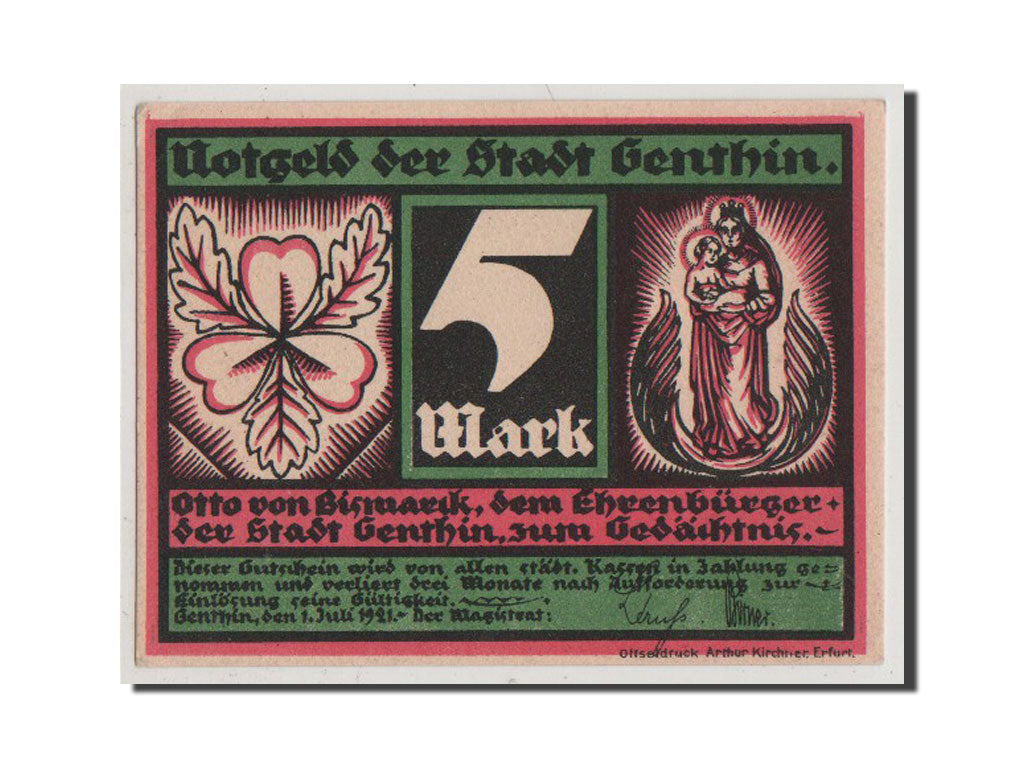Banconote, Germania, Genthin, 5 Mark, 1921, FDS, Mehl:419.2