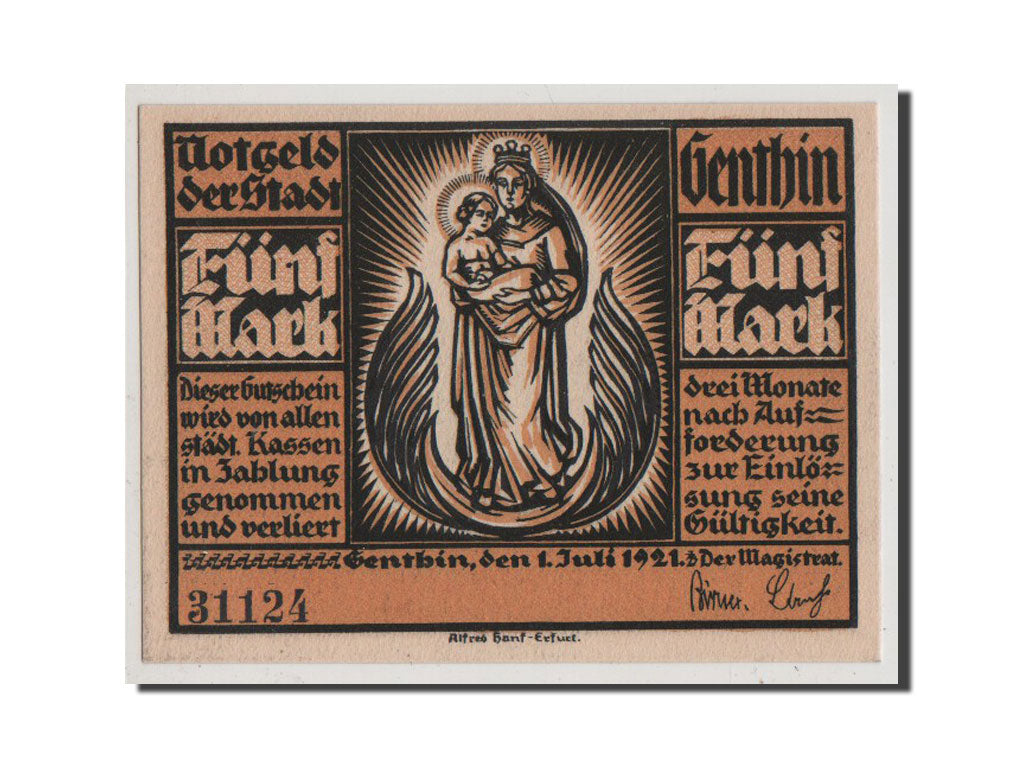 Banconote, Germania, Genthin, 5 Mark, 1921, FDS, Mehl:419.1