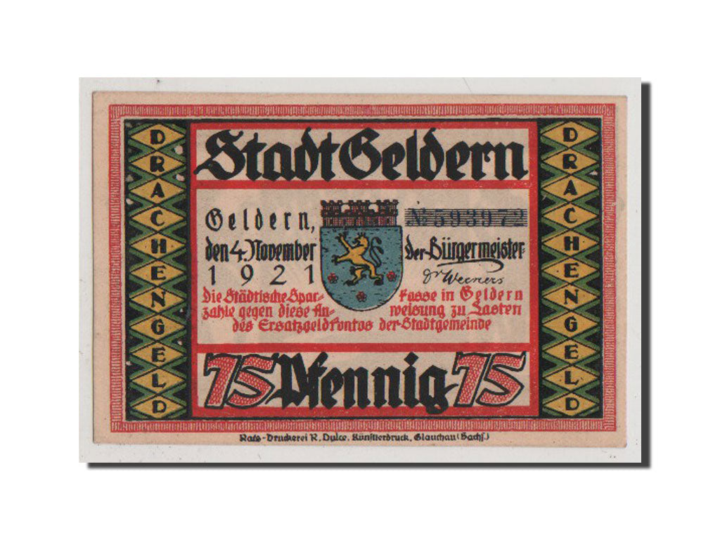 Banconote, Germania, Geldern Stadt, 75 Pfennig, 1921, SPL+, Mehl:416.1
