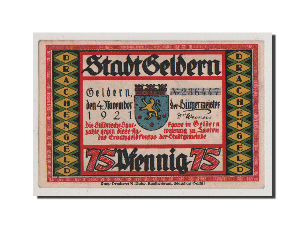 Billet, Allemagne, Geldern Stadt, 75 Pfennig, 1921, SPL+, Mehl:416.1