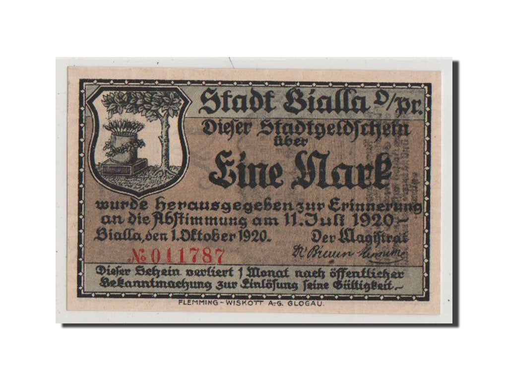 Banconote, Germania, Bialla Stadt, 1 Mark, 1920, SPL+, Mehl:100.1a