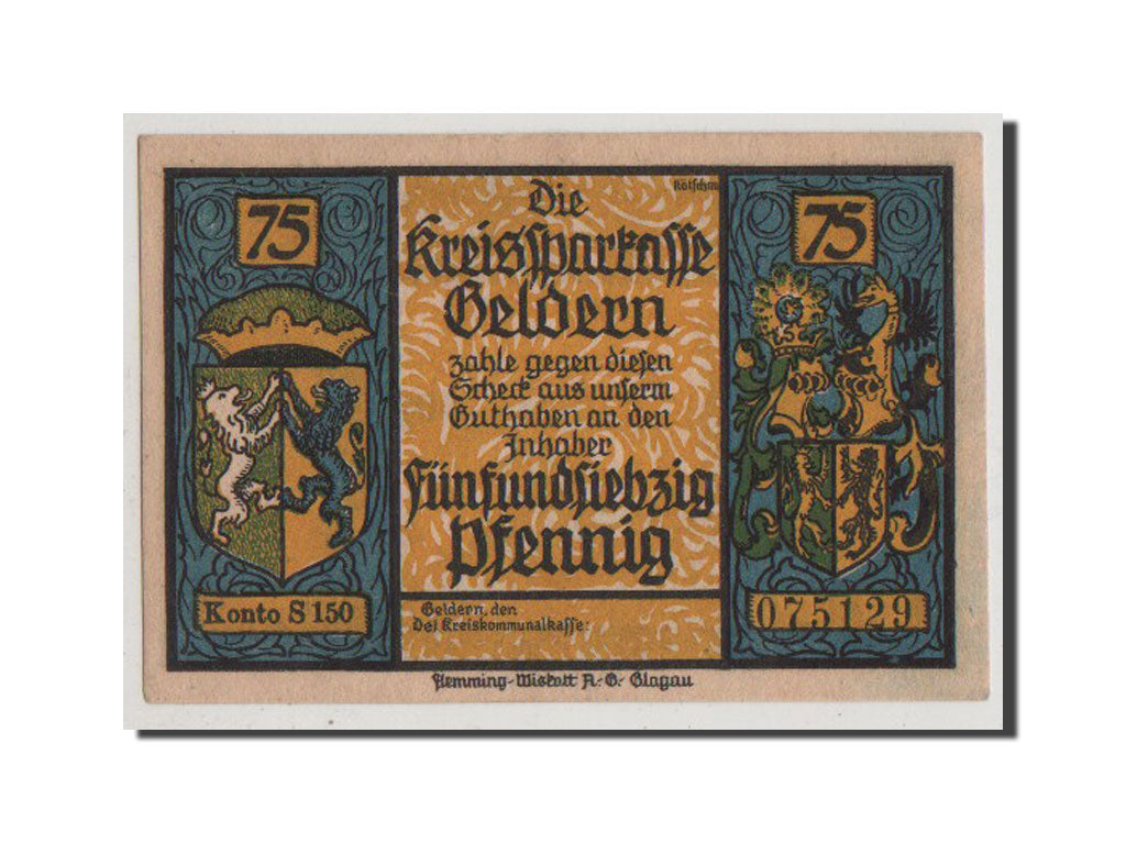 Banconote, Germania, Geldern Stadt, 75 Pfennig, SPL+, Mehl:414.1b