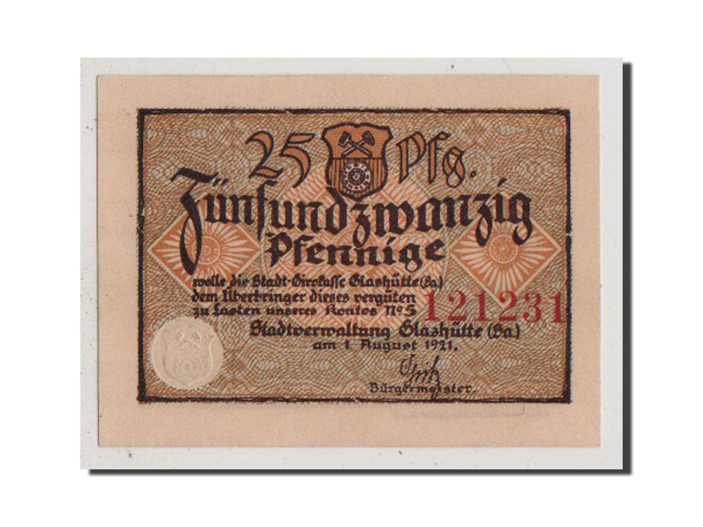 Banconote, Germania, Glashutte, 25 Pfennig, 1921, FDS, Mehl:430.1