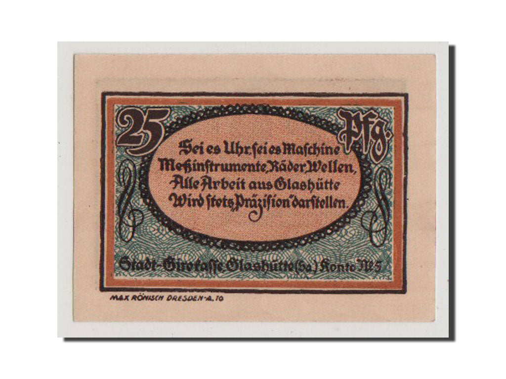 Banconote, Germania, Glashutte, 25 Pfennig, 1921, FDS, Mehl:430.1