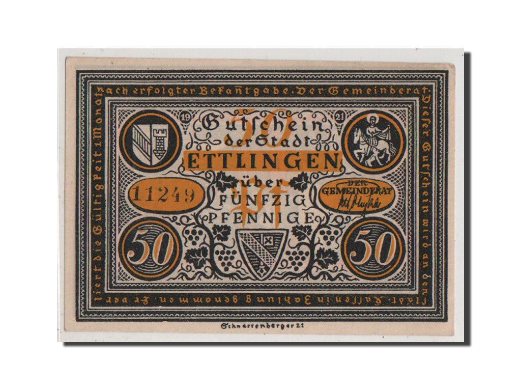Banconote, Germania, Ettlingen, 50 Pfennig, 1921, SPL+, Mehl:355.1