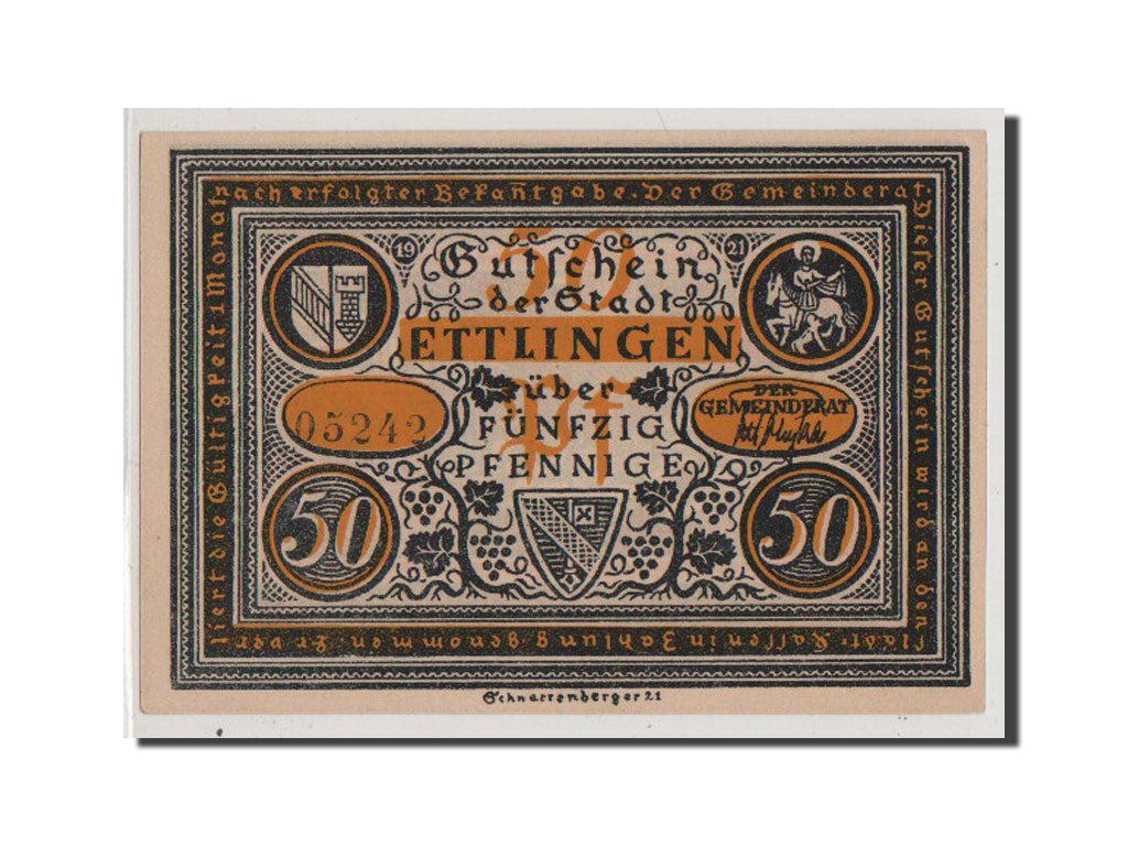 Banconote, Germania, Ettlingen, 50 Pfennig, 1921, FDS, Mehl:355.1