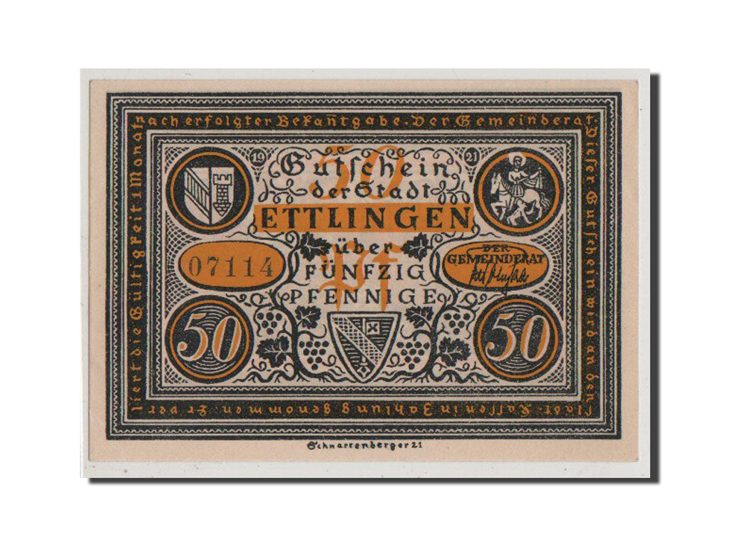 Geldschein, Deutschland, Ettlingen, 50 Pfennig, 1921, UNZ, Mehl:355.1