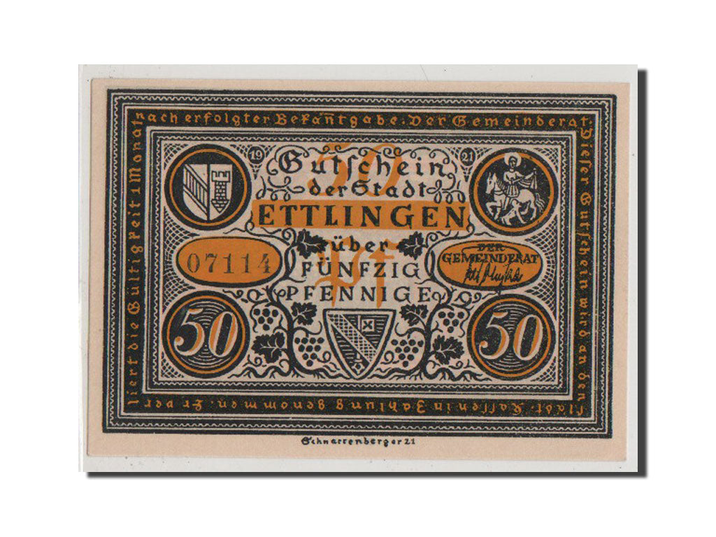 Banconote, Germania, Ettlingen, 50 Pfennig, 1921, FDS, Mehl:355.1