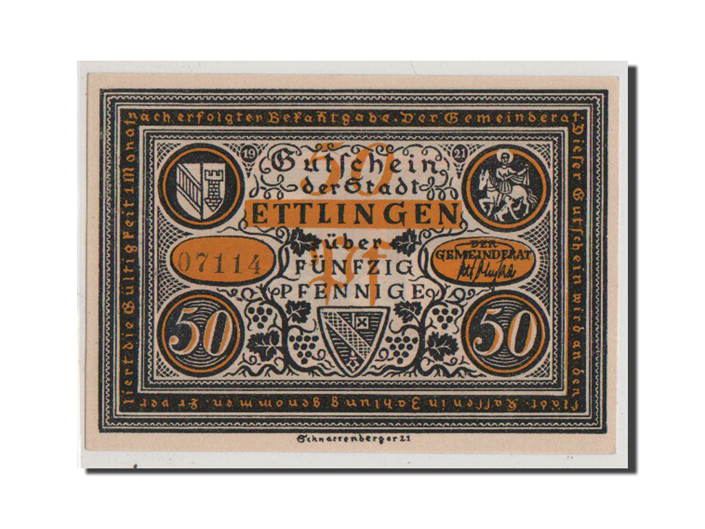 Banconote, Germania, Ettlingen, 50 Pfennig, 1921, FDS, Mehl:355.1