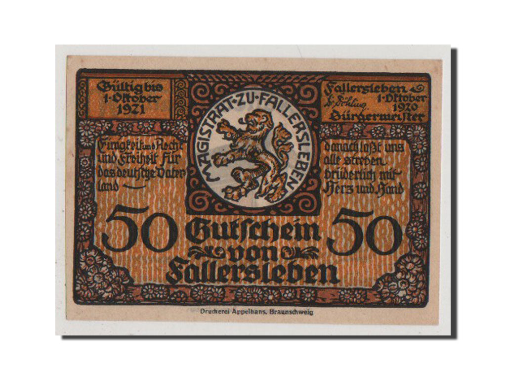 Banconote, Germania, Fallersleben, 50 Pfennig, 1921, FDS, Mehl:360.1
