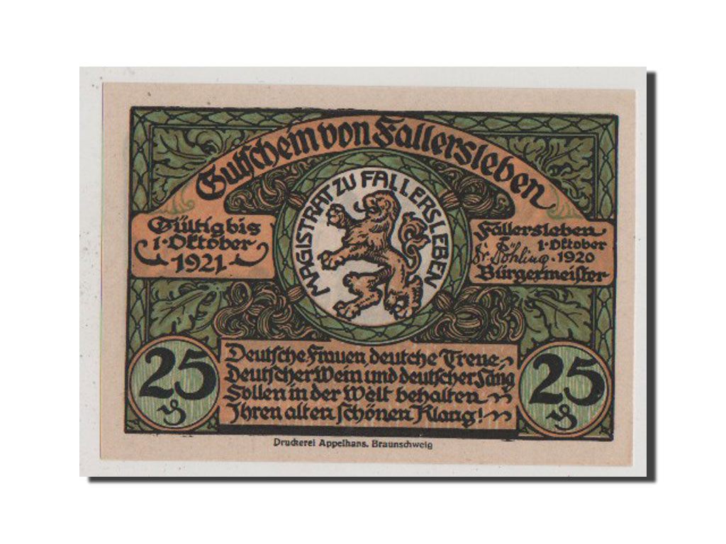 Banconote, Germania, Fallersleben, 25 Pfennig, 1921, FDS, Mehl:360.1
