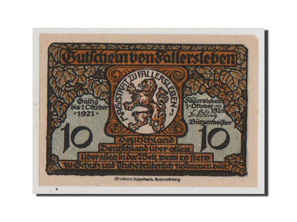 Geldschein, Deutschland, Fallersleben, 10 Pfennig, 1920, UNZ, Mehl:360.1