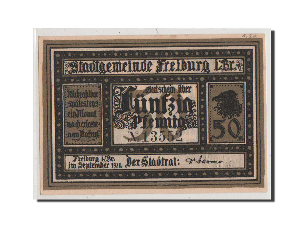 Billet, Allemagne, Freiburg i. Br. Stadt, 50 Pfennig, 1921, 1921-09-01, SPL+
