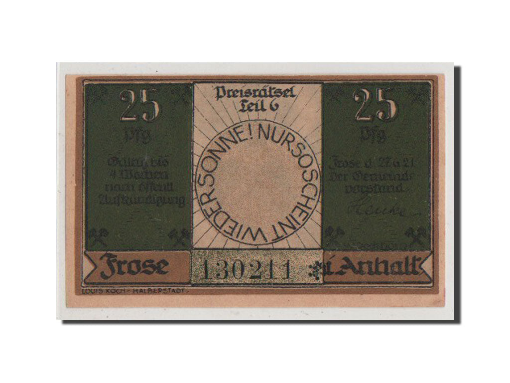 Geldschein, Deutschland, Frose, 25 Pfennig, 1921, UNZ, Mehl:398.4a