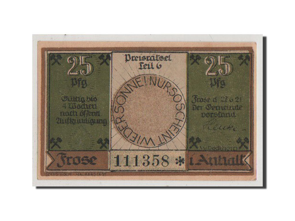 Geldschein, Deutschland, Frose, 25 Pfennig, Hammer, 1921, UNZ, Mehl:398.4a