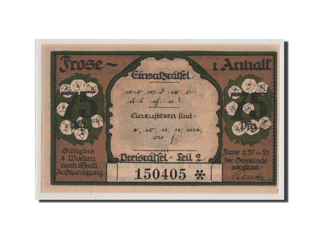 Banconote, Germania, Frose, 75 Pfennig, 1921, FDS, Mehl:398.4a