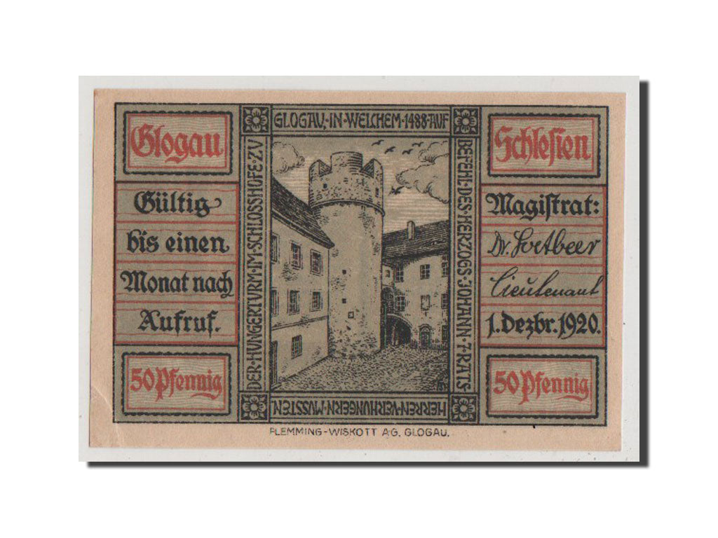 Banconote, Germania, Glogau Stadt, 50 Pfennig, 1920, SPL+, Mehl:439.1