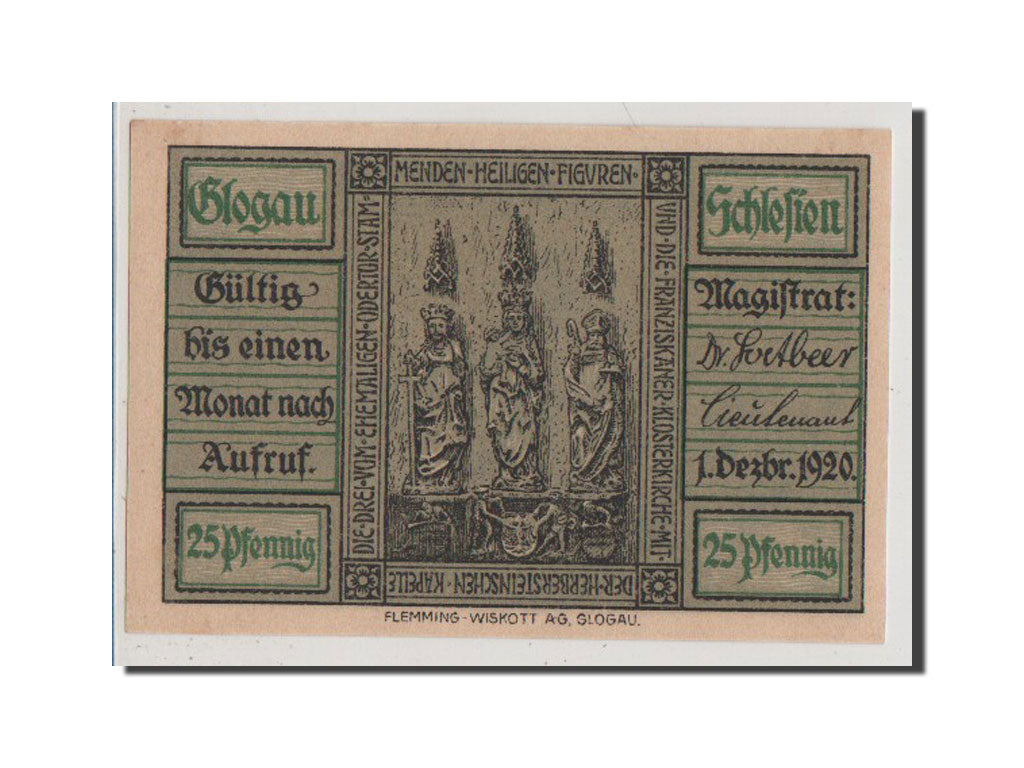 Banconote, Germania, Glogau Stadt, 25 Pfennig, 1920, SPL+, Mehl:439.1