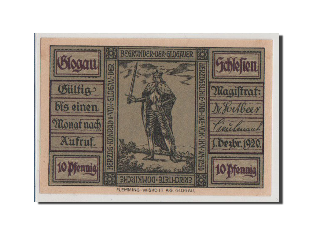 Banconote, Germania, Glogau Stadt, 10 Pfennig, 1920, SPL+, Mehl:439.1