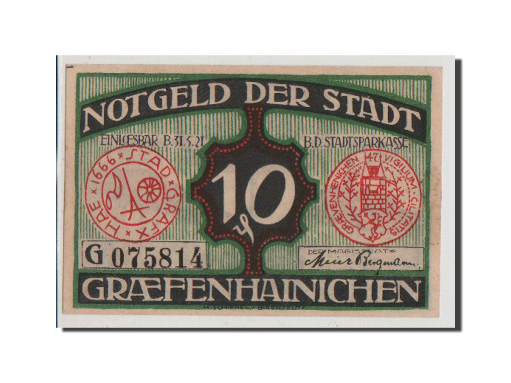 Banconote, Germania, Grafenhainichen Stadt, 10 Pfennig, SPL+, Mehl:461.3