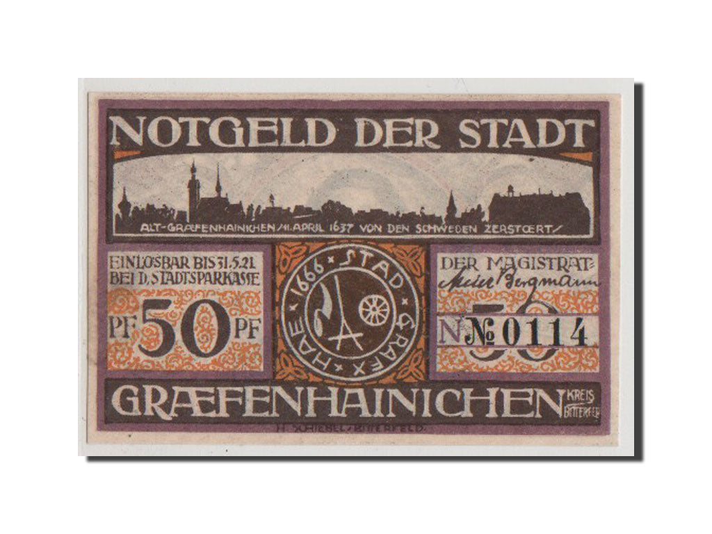 Banconote, Germania, Grafenhainichen Stadt, 50 Pfennig, FDS, Mehl:461.3
