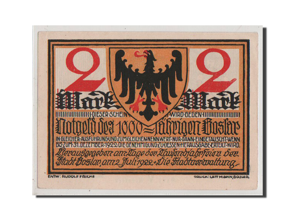 Banconote, Germania, Goslar Stadt, 2 Mark, 1922, FDS, Mehl:455.3