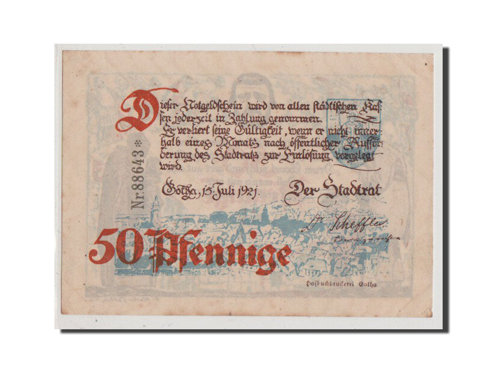 Banconote, Germania, Gotha Stadt, 50 Pfennig, 1921, SPL+, Mehl:456.6a