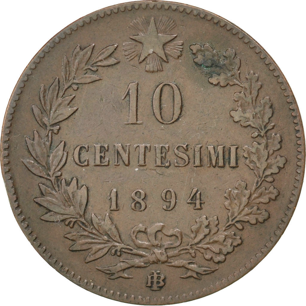 Coin, Italy, Umberto I, 10 Centesimi, 1894, Birmingham, EF(40-45), Copper