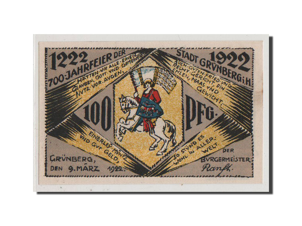 Banconote, Germania, Grunberg Stadt, 1 Mark, 1922, FDS, Mehl:488.1